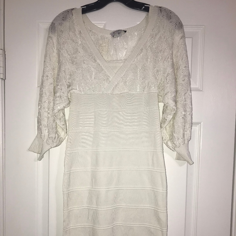 Bebe White Pointelle Bodycon Bandage Midi Dress S